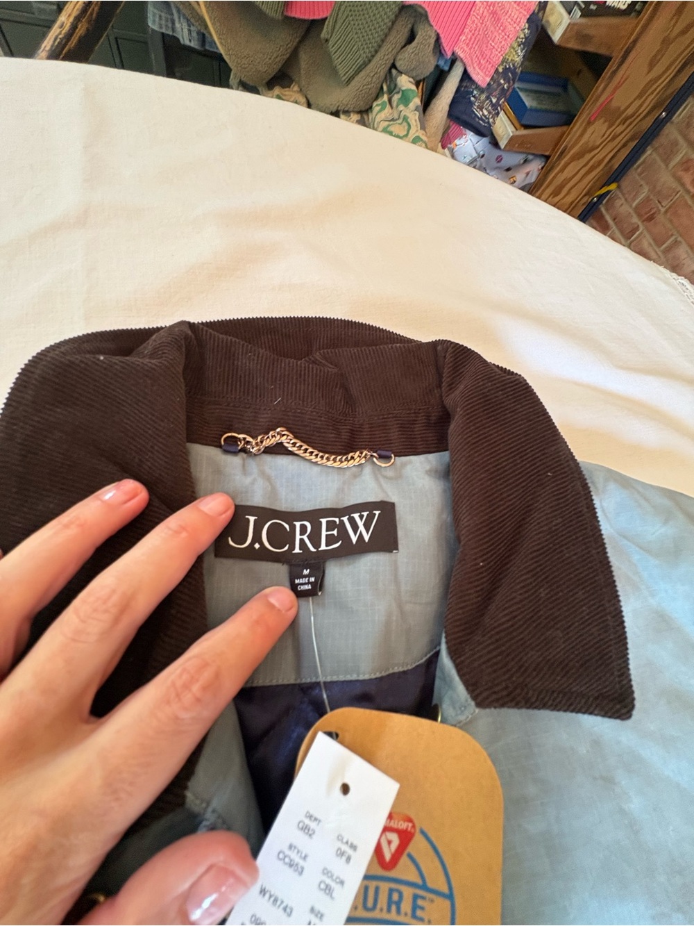 BNWT J. Crew Gray Down Quilted Barn Jacket with Dark Brown Corduroy Collar - Picture 5 of 11